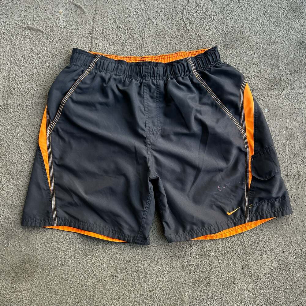 Nike Men's L Swim Trunks Board Shorts Black and Orange with Swoosh Logo